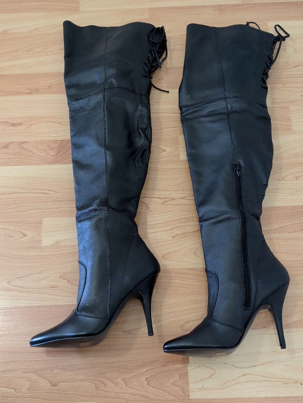 Pleaser Black Over-The-Knee Pointed Stiletto Boots